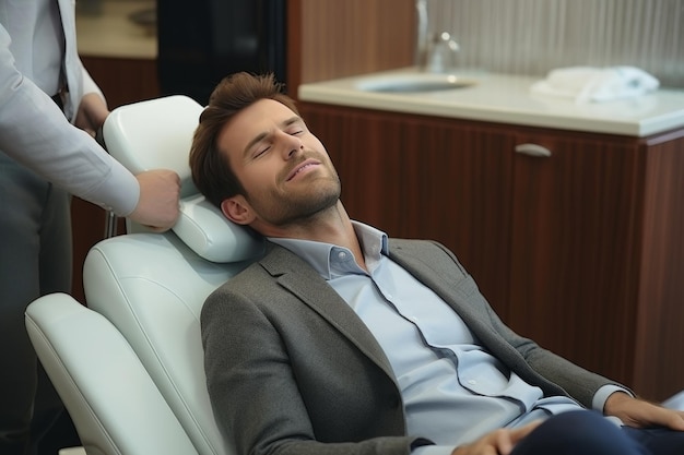 Foto hombre preparándose para un tratamiento dental en la oficina del dentista caballero preparándose para el procedimiento dental