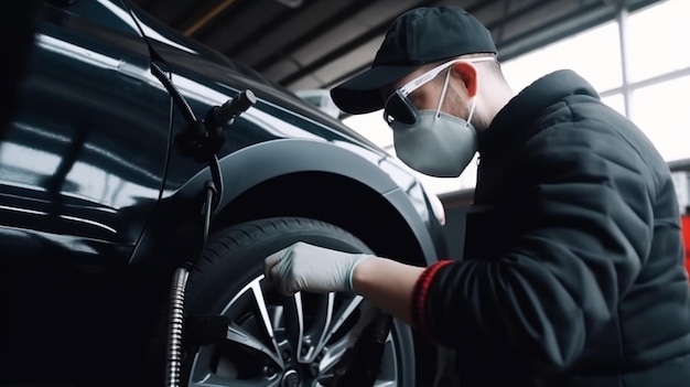 Hombre probando el estado técnico de la rueda del coche Generative Ai