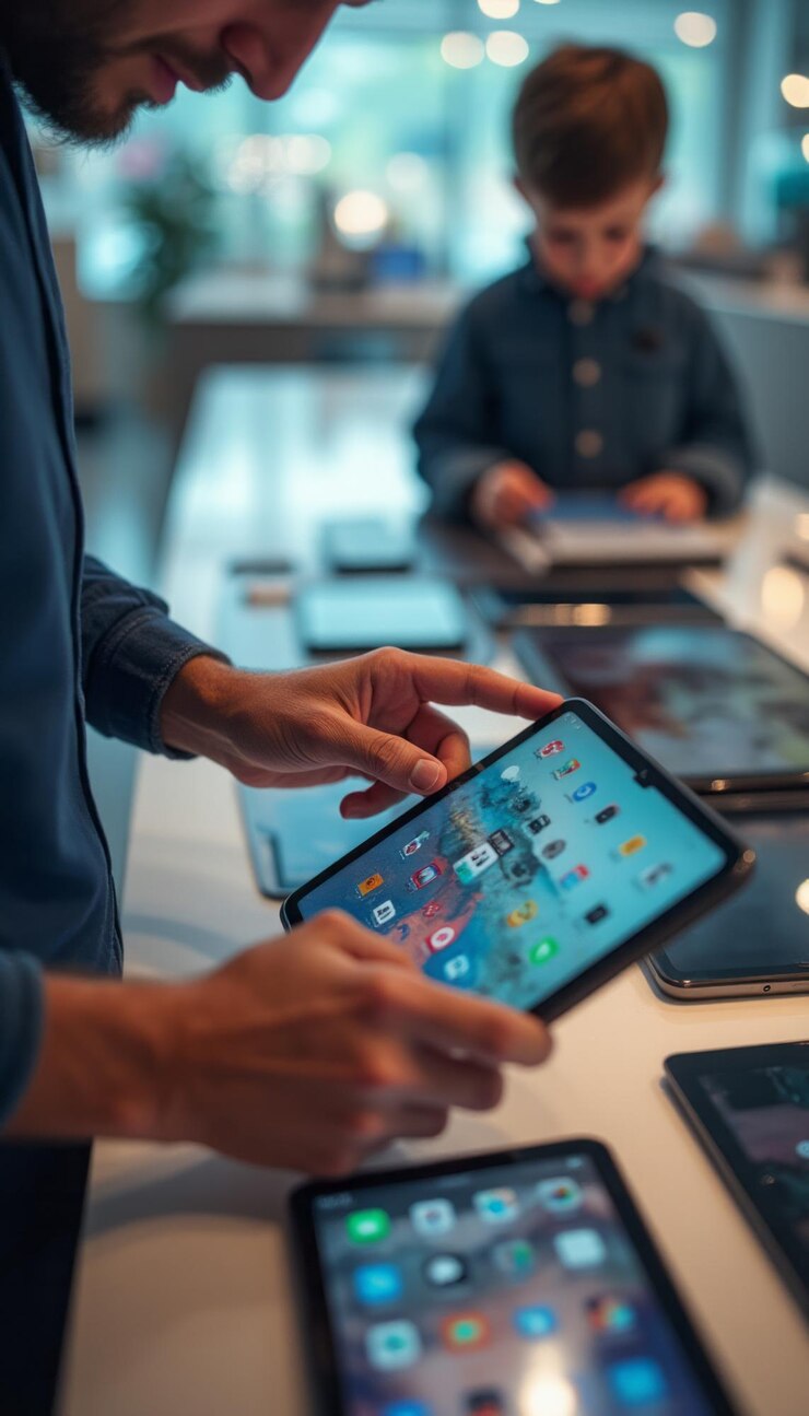 Foto hombre probando una tableta en una tienda de electrónica