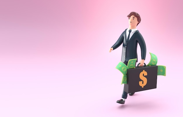 hombre, proceso de llevar, un, maleta, lleno, de, dinero, 3d, ilustración