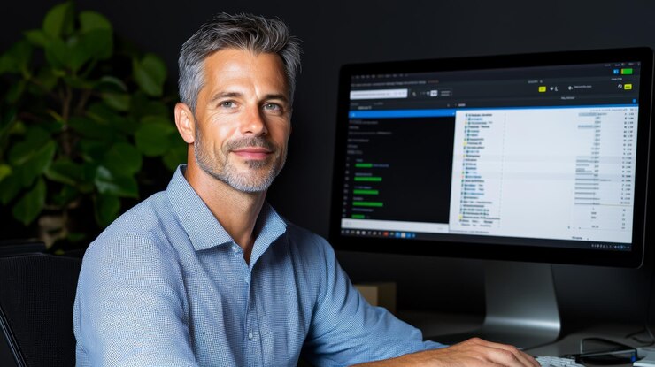 Foto hombre profesional analizando datos en un monitor de computadora