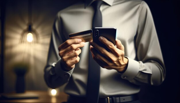 Hombre profesional con una camisa haciendo un pago móvil seguro con una tarjeta de crédito y un teléfono inteligente