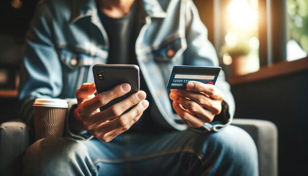 Hombre profesional con una camisa haciendo un pago móvil seguro con una tarjeta de crédito y un teléfono inteligente