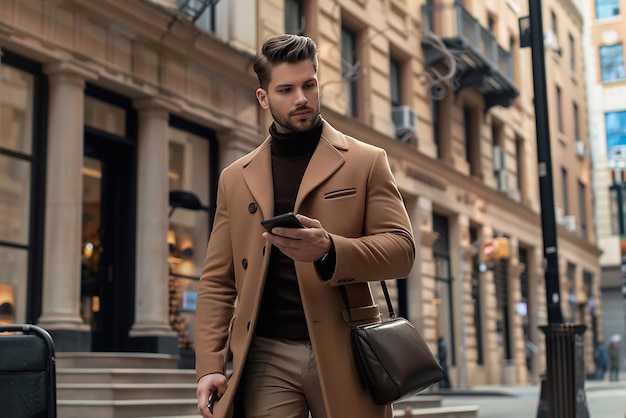 Hombre profesional guapo caminando por la ciudad usando su teléfono