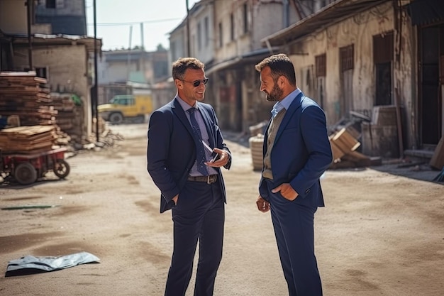 Un hombre profesional habla con un hombre en un sitio de trabajo de construcción.