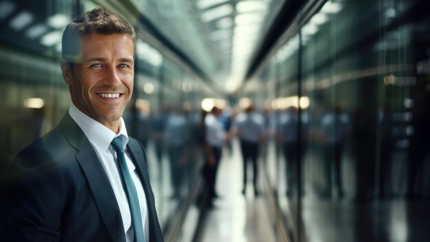 Hombre profesional con traje y corbata de pie en el pasillo Conceptos comerciales y corporativos