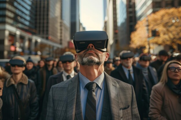 Foto un hombre profesional con un traje formal y corbata usando un auricular de realidad virtual