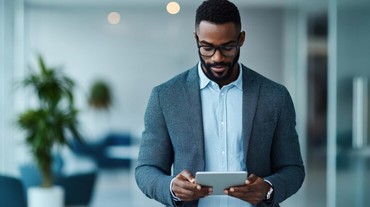 Un hombre profesional en traje interactúa con una tableta en un entorno de oficina moderno que muestra tecnología y negocios