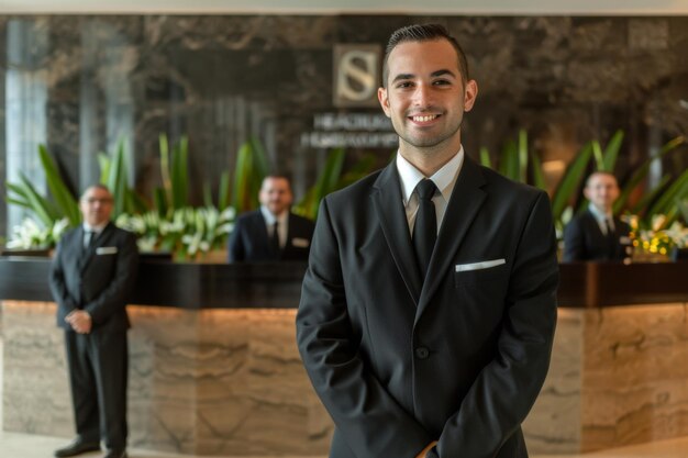 Foto hombre profesional en traje en el vestíbulo del hotel