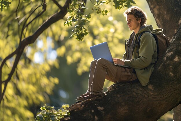 Un hombre programador sentado en una rama de árbol y codificando en una computadora portátil trabajando remotamente en un árbol en la naturaleza