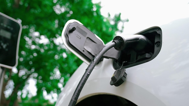 Hombre progresista instala un cable de alimentación en su vehículo eléctrico coche EV desde la estación de carga de casa coche eléctrico impulsado por energía limpia y renovable para preservar el medio ambiente automóvil ecológico