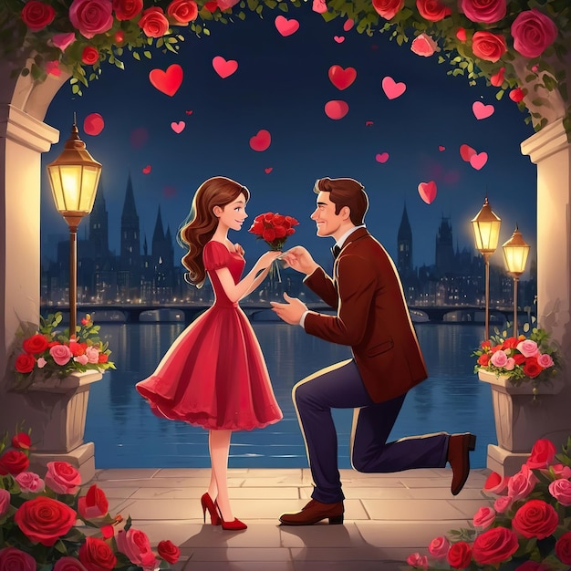 Foto un hombre proponiendo a una hermosa chica en san valentín