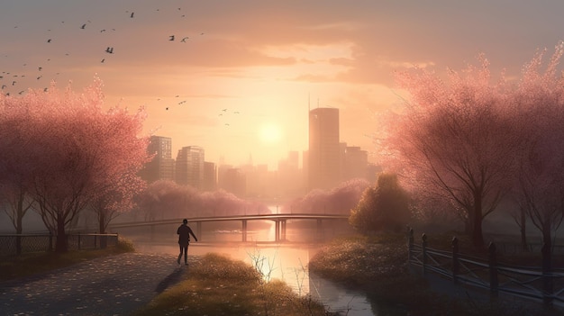 Un hombre se para en un puente frente a un paisaje urbano con una ciudad al fondo.