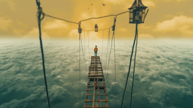 Un hombre se para en un puente sobre las nubes.