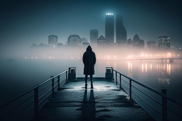 hombre en el puerto en la niebla.