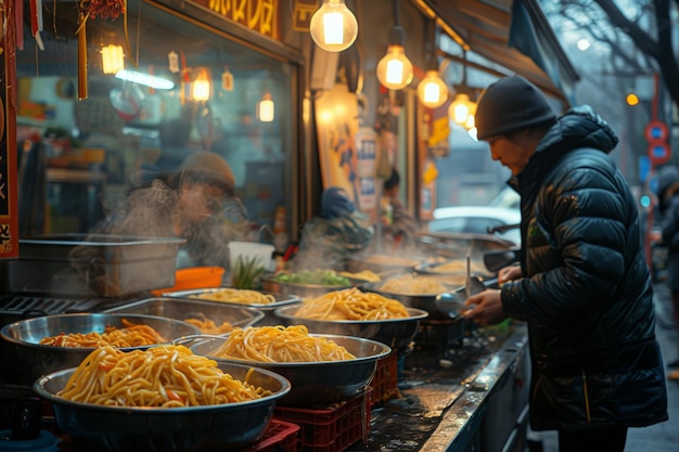 Hombre en el puesto de sopa de fideos