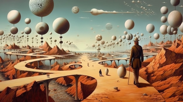Un hombre que camina por un camino desértico con muchas bolas blancas flotando sobre él Arte generativo de IA