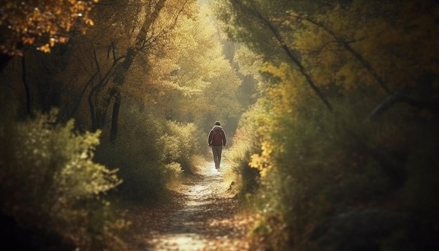 Un hombre que camina en el otoño del camino rural generado por AI