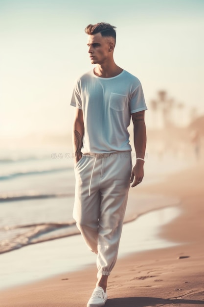 Hombre que camina en la playa que lleva una camisa y un pantalón blancos