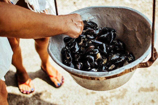 Hombre que cocina los mejillones en la olla.