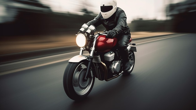 Un hombre que conduce una motocicleta en una carretera con un tanque de gasolina rojo.