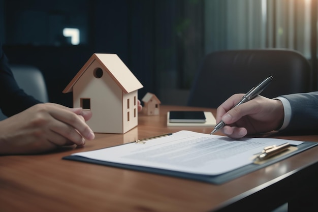 Un hombre que firma un contrato con un bolígrafo y un modelo de casa sobre la mesa.