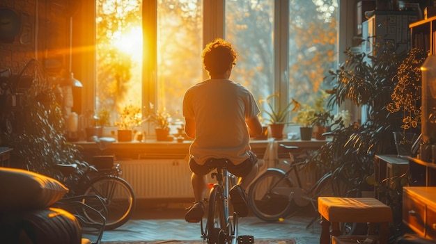 Un hombre que hace deportes para la salud en casa monta una bicicleta de ejercicio