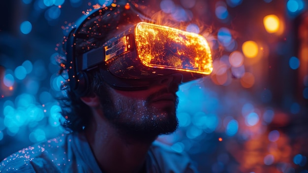 Un hombre que lleva un auricular de realidad virtual y controladores de realidad virtual en sus manos un metaverso de realidad virtual un jugador de realidad real virtual en el metaverso juego de realidad virtual