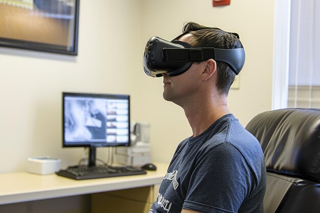 Un hombre que lleva un auricular virtual se involucra con una computadora mientras está sentado en una postura enfocada Realidad virtual multisensorial utilizada para el manejo del dolor Generada por IA