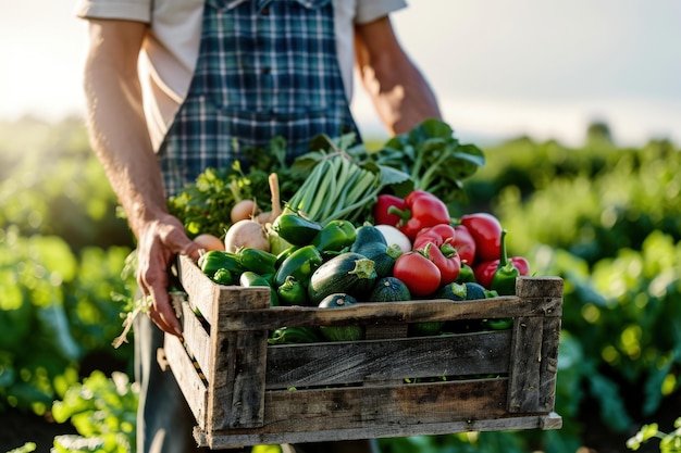 Hombre que lleva una caja de verduras en el campo