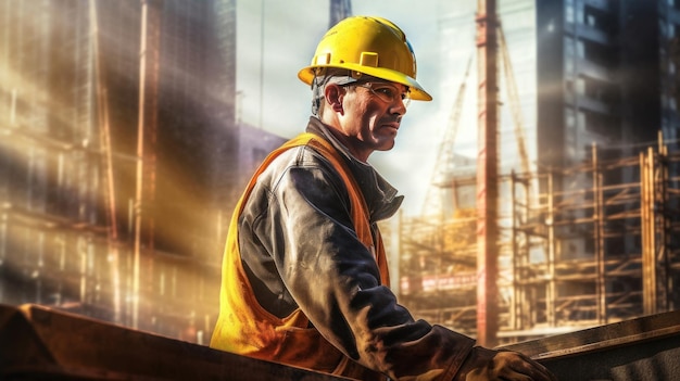 Un hombre que lleva un casco amarillo y un casco amarillo se para frente a una fábrica.