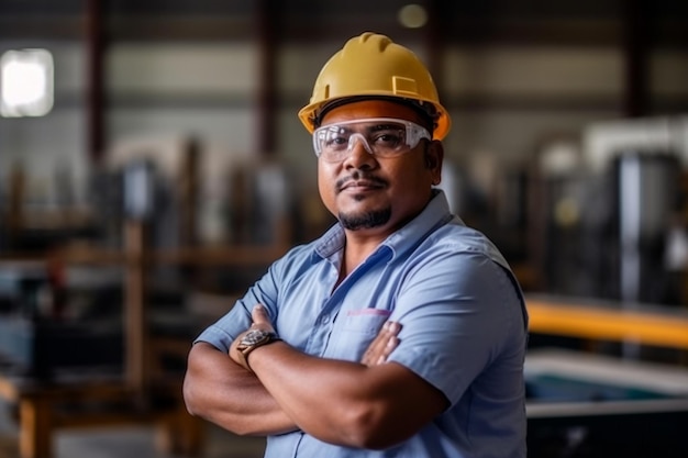 Un hombre que lleva un casco amarillo y gafas se para en una fábrica.