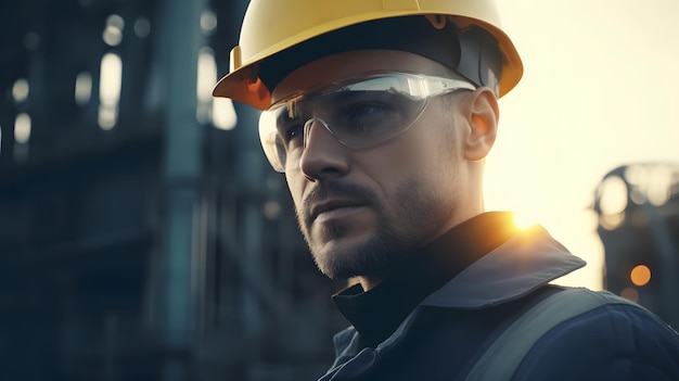 Un hombre que lleva un casco amarillo y gafas protectoras se para frente a una fábrica.