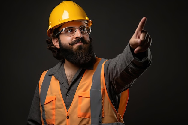 Un hombre que lleva un casco amarillo y gafas señala a la derecha.