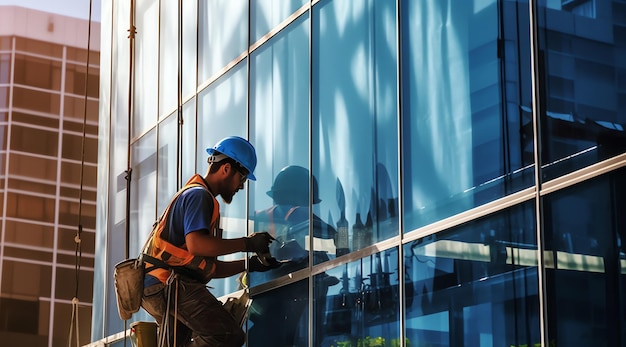 Un hombre que lleva un casco azul y un chaleco de seguridad naranja se para en una ventana