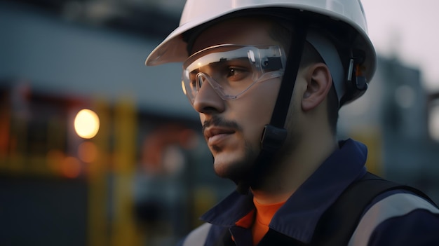 Un hombre que lleva un casco blanco y gafas protectoras se para frente a una gran planta industrial.