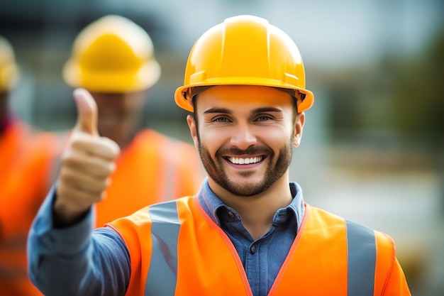 Un hombre que lleva un casco y un casco amarillo da un pulgar hacia arriba