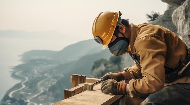 Un hombre que lleva un casco y un casco está trabajando en una estructura de madera