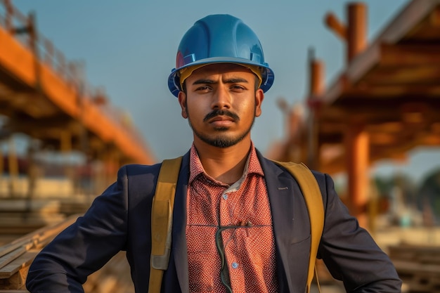Un hombre que lleva un casco se encuentra en un sitio de construcción.