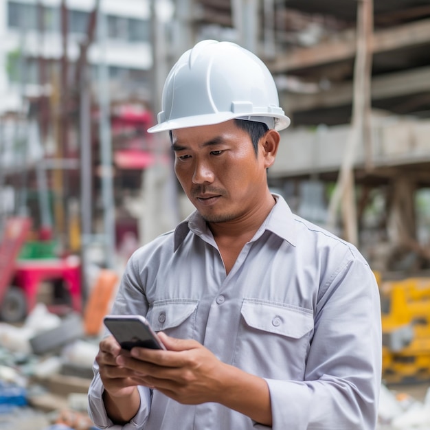 un hombre que lleva un casco está usando un teléfono