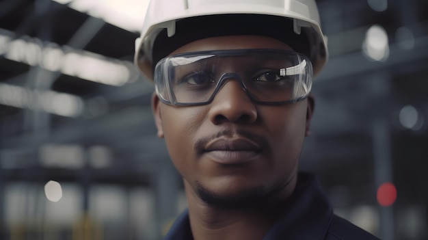 Un hombre que lleva un casco y gafas se para en una fábrica.