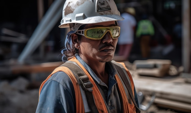 Un hombre que lleva un casco y gafas de sol se para frente a un sitio de construcción.