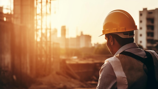 Un hombre que lleva un casco mira un sitio de construcción.