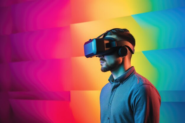 Un hombre que lleva un casco de realidad virtual con un ai generativo de fondo de color