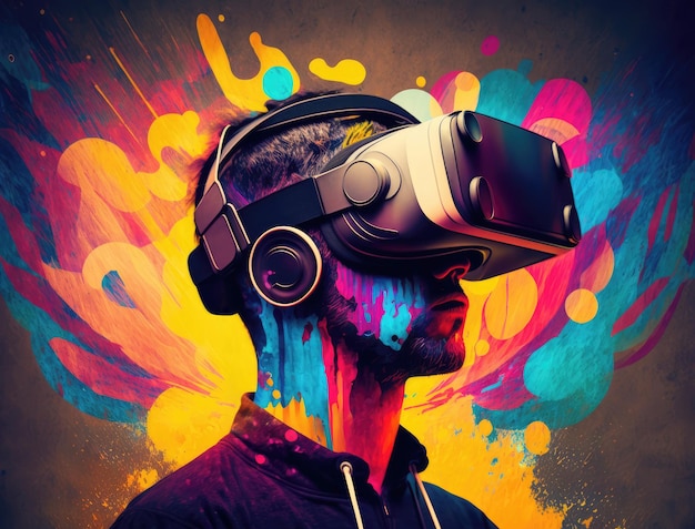 Un hombre que lleva un casco de realidad virtual con un ai generativo de fondo de color