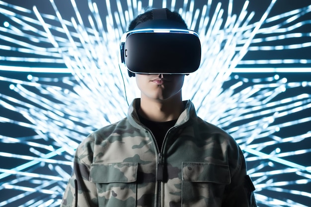 un hombre que lleva un casco de realidad virtual con luz de neón aislado en un fondo claro