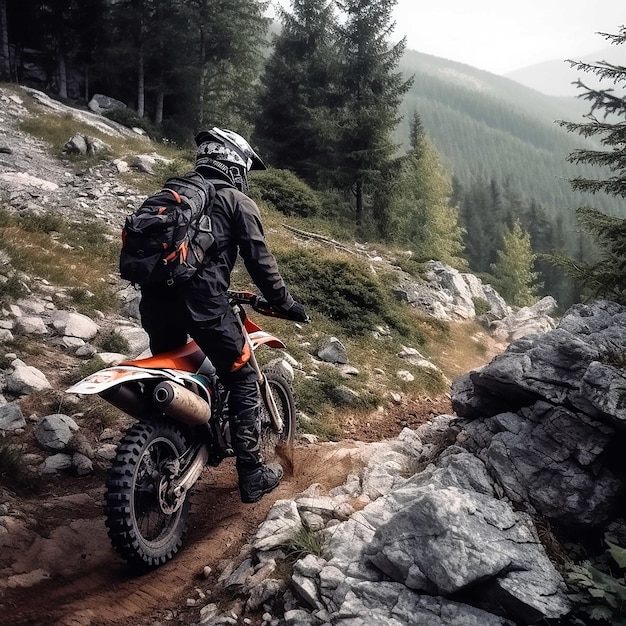 Foto un hombre que lleva una chaqueta negra monta una moto de cross por un sendero.