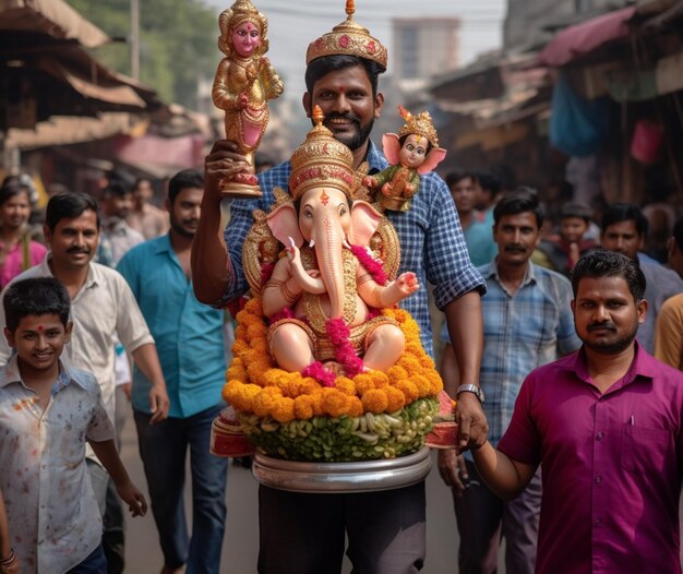 Un hombre que lleva un ídolo decorado de Lord Ganesha