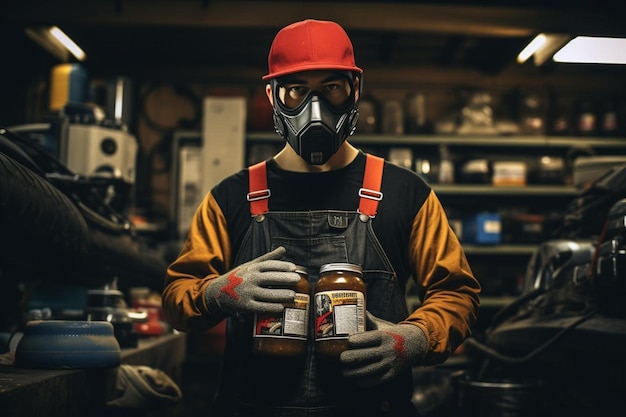 Foto un hombre que lleva una máscara de gas y una máscaras de gas con una mascarilla de gas en