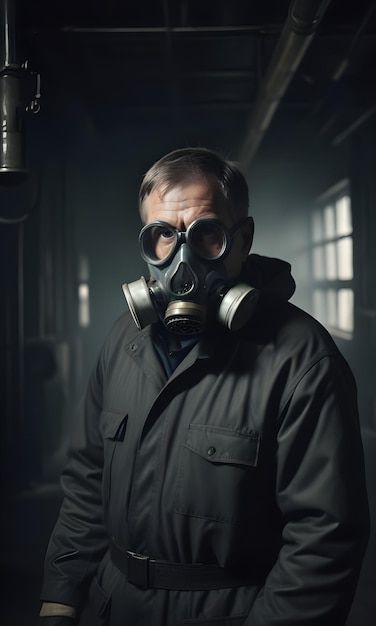 Foto un hombre que lleva una máscara de gas con una mascarilla de gas en